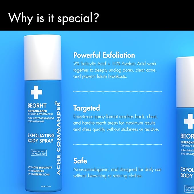 Acne Body Spray for Back & Chest – Exfoliating Body Mist for Breakouts & Blemishes – Daily Clarifying Spray for Men & Women