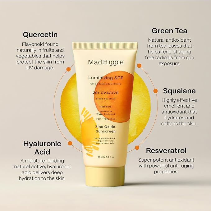Mad Hippie Luminizing SPF 29+, Zinc Oxide Sunscreen, Reef-Safe Face Cream with Niacinamide & Hyaluronic Acid, 2 Oz