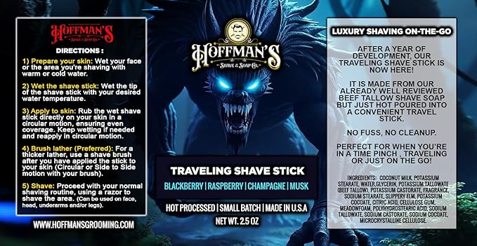 Hoffman's Nocturnal Savage Traveling Shave Stick, Luxury Beef Tallow Soap, Blackberry, Raspberry, Champagne, Musk Scents, 2.5 oz, Made in USA, No Fuss Travel Size
