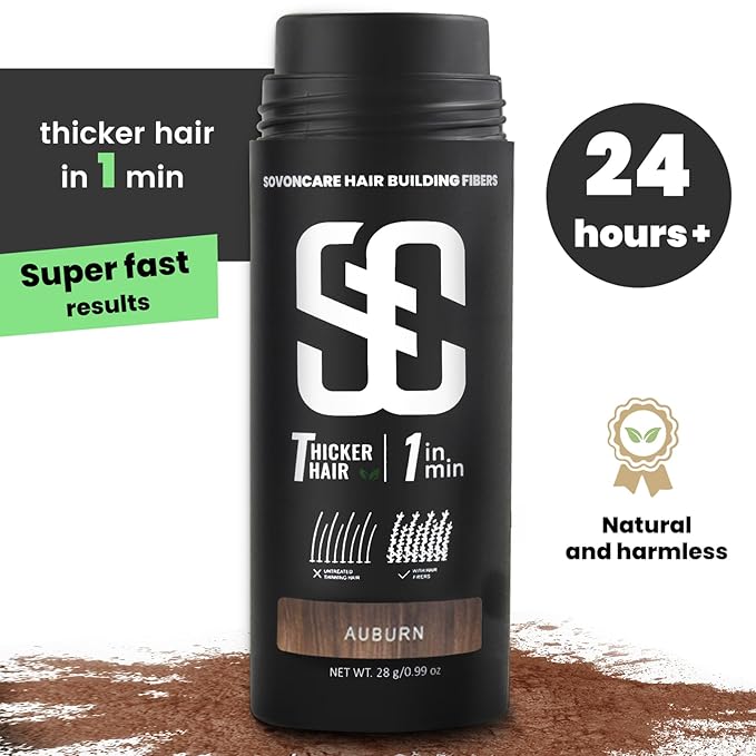 SOVONCARE Hair Fibers for Thinning Hair Auburn, Hair Building Fibers for Bald Spots Undetectable & Natural, Conceals Hair Loss Fill In Fine, Hair Powder Hair Thicker Instantly for Women & Men 28g