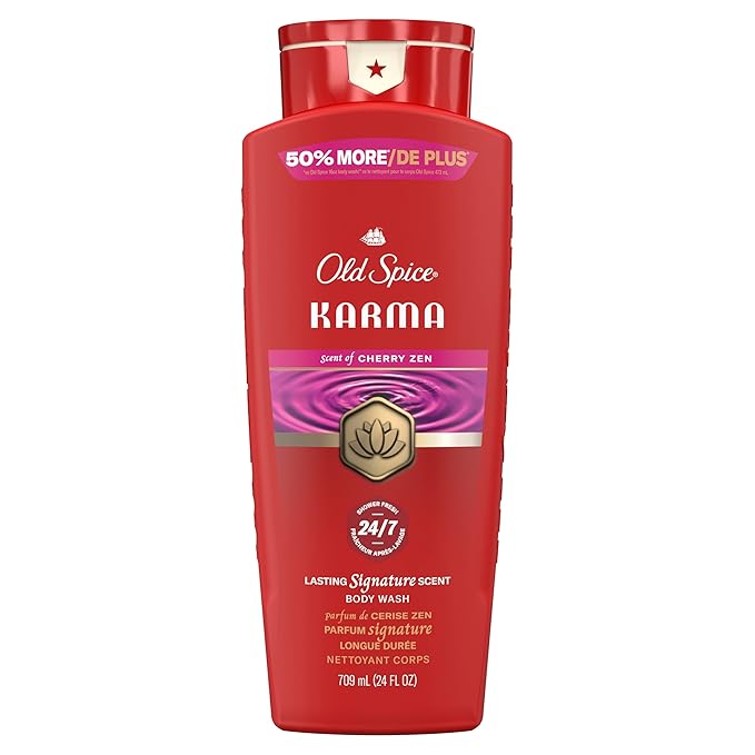 Old Spice Body Wash for Men, 24/7 Shower Fresh & Clean w/Daily Use, Lasting Signature Scent, Refreshing Lather, Moisturizing Formula, Karma with Cherry Spice, Black Pepper, & Sandalwood Scent, 24 oz