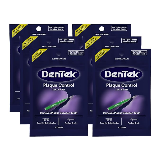 Dentek Interdental Brushes - Tight, 16 Count, 6 Pack - Easy-Brush Interdental Plaque Remover with Fluoride - Cleans Tight Spaces Around Teeth, Braces & Other Dental Appliances
