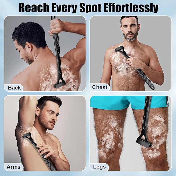 Back Shaver for Men & Women(DIY), Body Hair Trimmer with Foldable Extra Long Ergonomic Handle, Wet Dry Shaving & Safety Razor Technology with 8 Pcs Ultra Sharp Replaceable Blades
