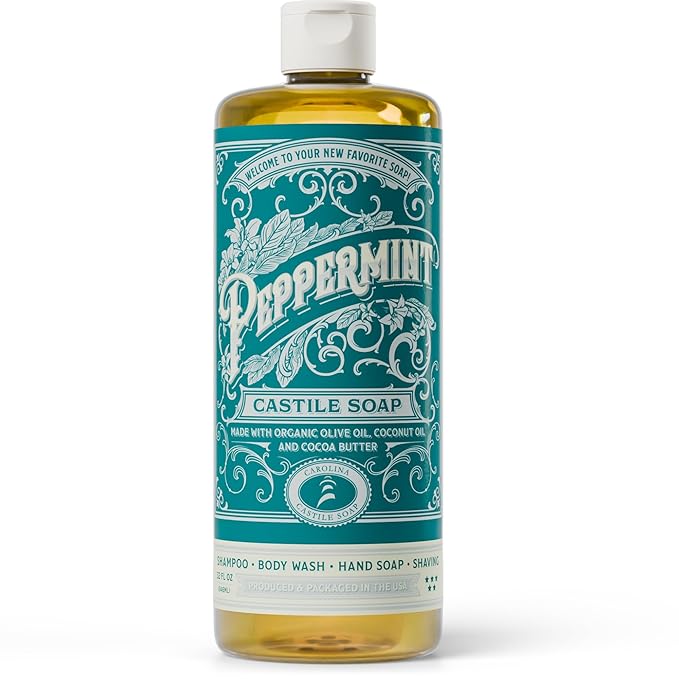Carolina Castile Soap Peppermint Scent – Certified Organic Base, High Olive Oil Content, Non-Drying, Made with Organic Oils, Concentrated Natural Body Wash for Men and Women