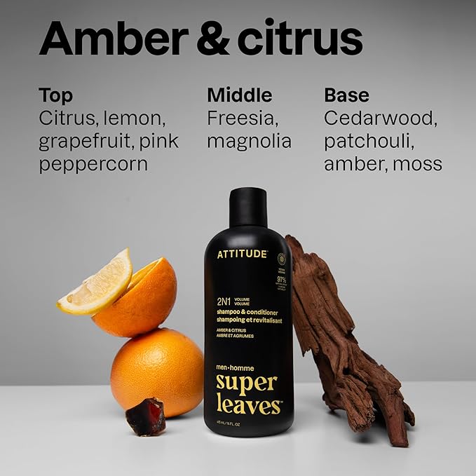ATTITUDE Men's Shampoo and Conditioner 2-in-1, Volumizing for Thin Hair, With Rosemary and Rice Protein, 97% Natural Origin Ingredients, EWG Verified, Amber & Citrus, 14 Fl Oz (Pack of 3)