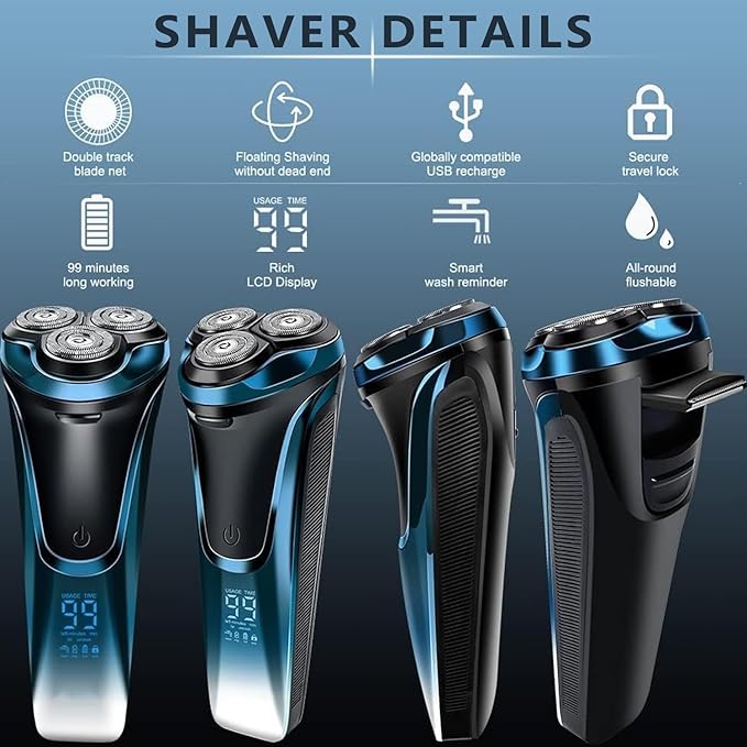 Snapbuy Electric Razor for Men, Snapbuy Electric Razor Pro of Father, 4D Floating Head Rotary Shaver, Ipx7 Waterproof Electrical Razors, Wet & Dry Fast Charging Electrical Shaver LCD Display (Blue)