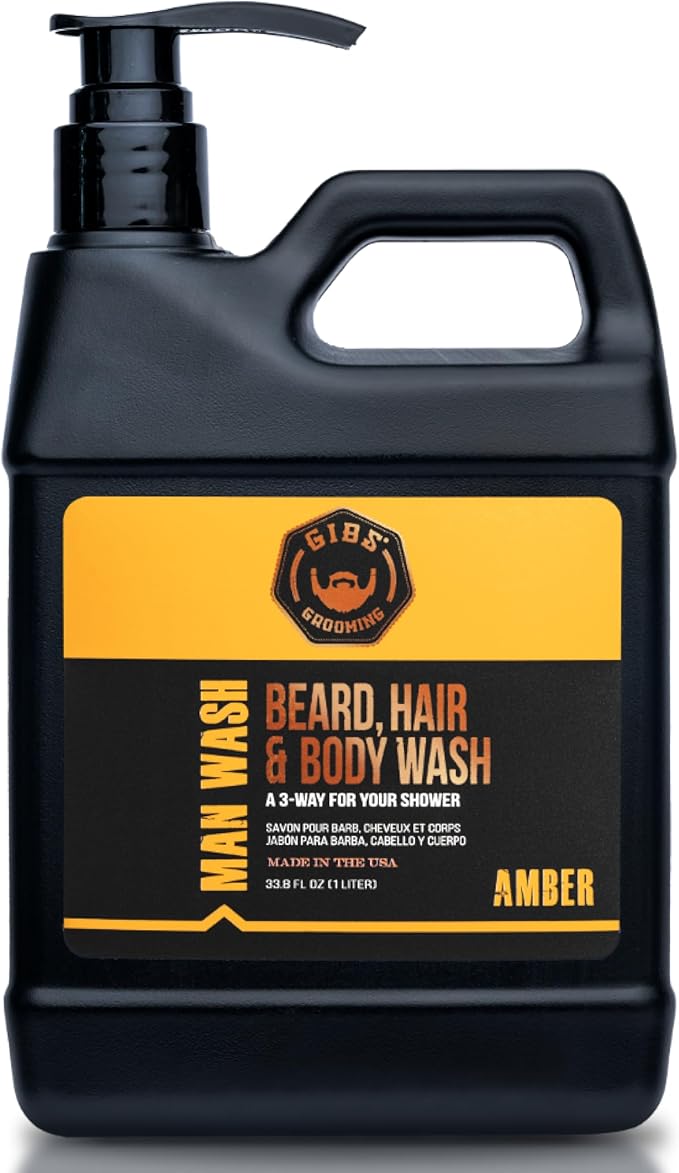 GIBS Grooming - Amber Man Wash (33.8 fl oz) 3-in-1 Beard, Hair, Body Soap - Citrus, Oak, Basil Scent - Sulfate Free - Tea Tree Oil, Hemp Oil, Protein - Mens Body Wash & Mens Shampoo - Made in USA