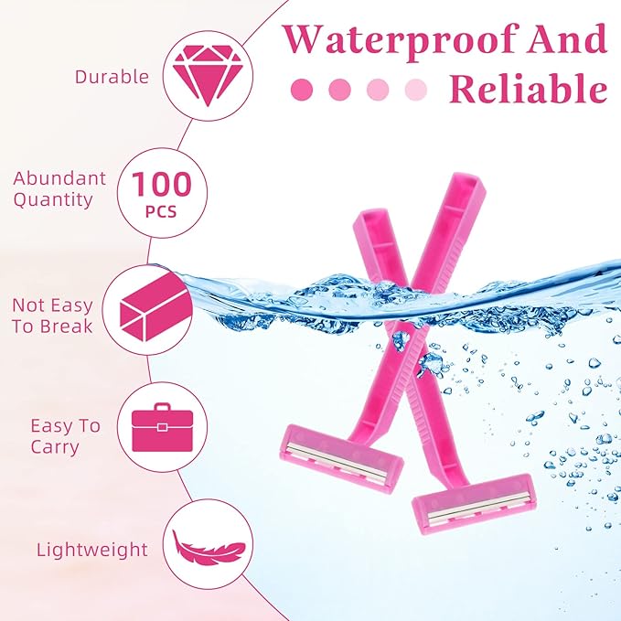 Hanaive Women's Disposable Razors Bulk Twin Blade Disposable Stainless Steel Hospitality Quality Shaver Multipurpose Portable Shave Razor Manual for Bathing Hotel Travel(Pink,100 Pcs)