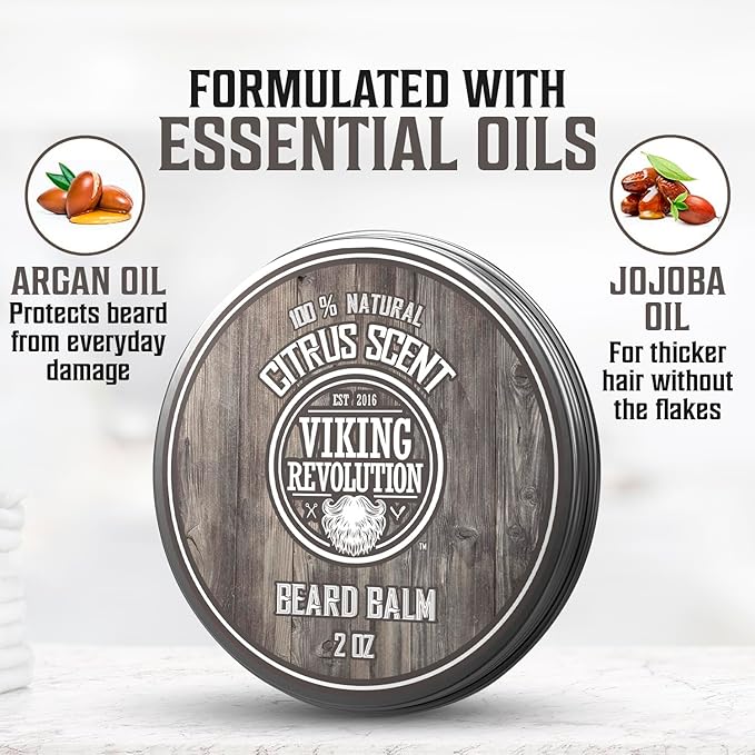Viking Revolution BEST DEAL Beard Balm with Argan Oil & Mango Butter - Styles, Strengthens & Softens Beards & Mustaches - Citrus Scent Leave in Conditioner Wax for Men