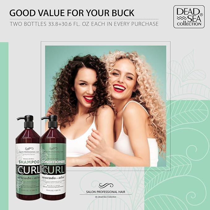 Dead Sea Collection Shampoo and Conditioner Set for Curly Hair - Pure Dead Sea Minerals, Avocado and Aloe – Professional Hair Care - Softening and Moisturizing - Pack of 2 (33.8 & 30.6 Fl. Oz)