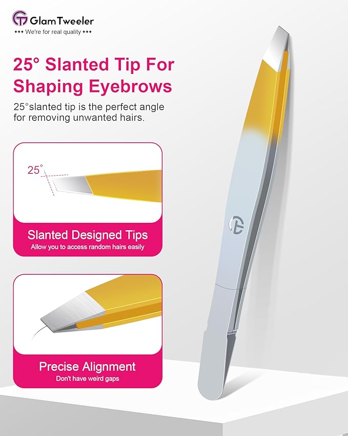 Exclusive G-01 Slant Tip Tweezers, GlamTweeler High Precison Expert Eyebrow and Facial Hair Removal Tweezer with Leather Storage & Carrying Case (Silver & Gold)