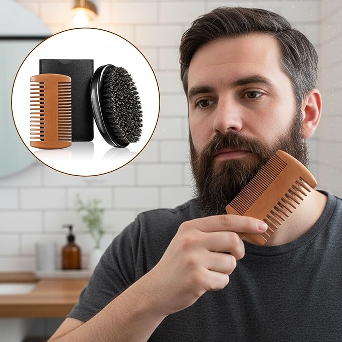 Boar Bristle Beard Brush for Men, Beard Comb Dual-Sided Wood Comb Mustache Shaving Brush Beards Grooming Tools with Travel Pouch