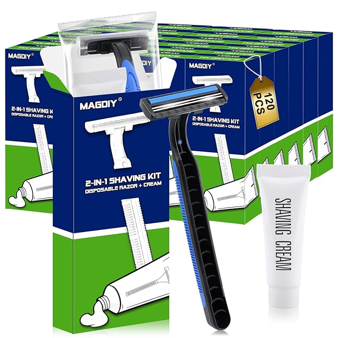 120 Pack Disposable Razors Bulk Shaving Cream for Men, Shaving Kit for Men, Homeless Supplies Bulk, Individually Wrapped Toiletries for Travel Home Hotel Camping Shelter Church Donation
