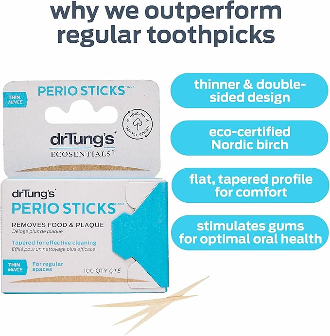 drTung's Dental Sticks for Teeth & Gum Cleaning - Toothpicks for Oral Care, Soft Floss Picks for Teeth, Interdental Plaque & Food Remover Tool, Perio Sticks - Thin, Bulk 100 Count (Pack of 6)