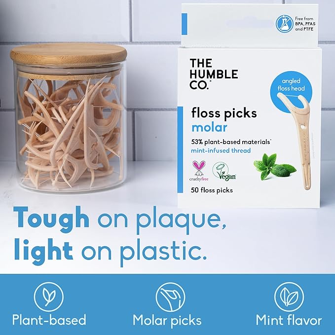 The Humble Co Molar Floss Picks for Teeth, 200 Count (Mint) - Angled Dental Flossers with Extended Reach for Molars & Back Teeth - Plant-Based Floss for Interdental Oral Care, Hygiene & Gum Health