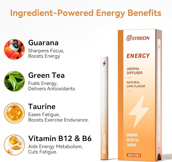 Herbal Diffuser Pen, Natural Energy Boost & Focus Support, Lime Flavor, Extracts of Guarana, Green Tea & Taurine, Vitamin B12 & B6, Natural Alternative - 600 Uses