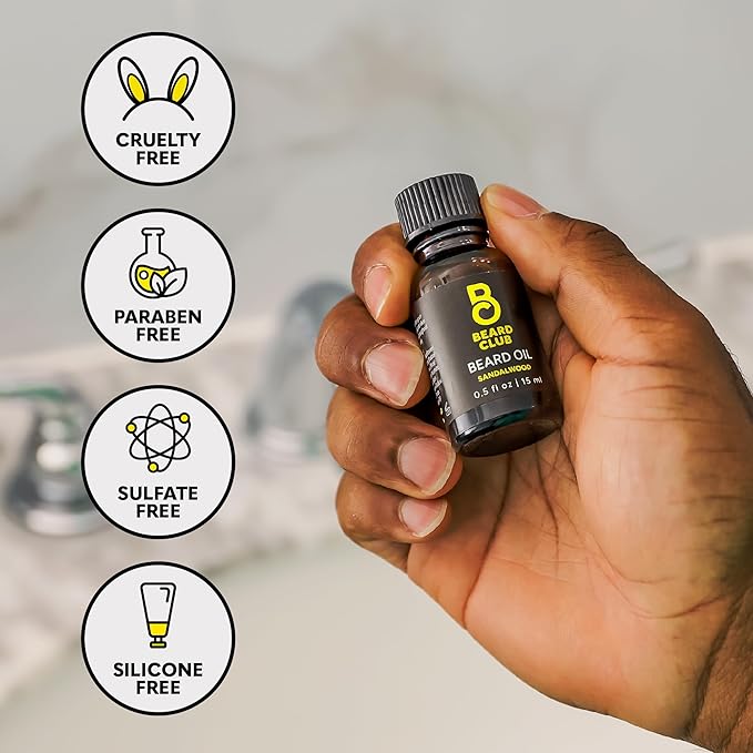 The Beard Club Premium Sandalwood Beard Oil for Men - Natural Castor & Sunflower Seed Oils - Beard & Mustache Conditioner - Hydrates, Moisturizes & Soothes Dry Skin - Strengthens Hair Follicles