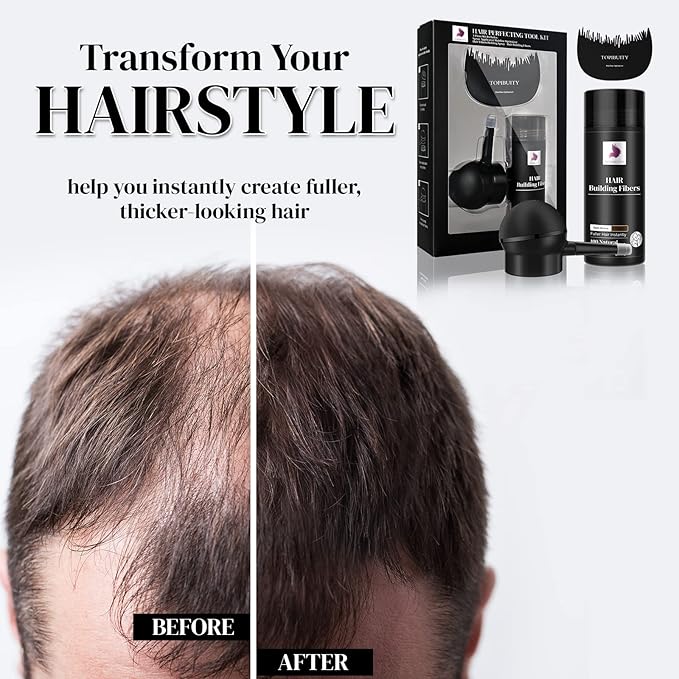 Hair Fibers for Thinning Hair Fiber Applicator 3-in-1 Set - Natural Concealing Hair Building Fibers - Long-Lasting Spray with Accessory for Crisp Hairlines, Thicker Beard & Styling (Dark Brown)