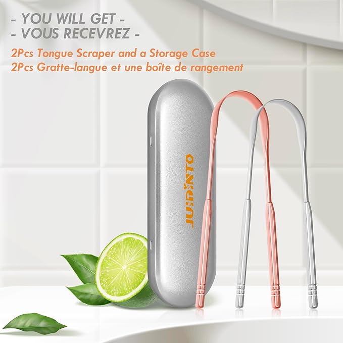 Tongue Scraper 2 Pack, 100% Stainless Steel Tongue Scraper for Adults, Easy to Use Tongue Scraper with Case, Cleaning Tongue and Reducing Bad Breath for Oral Care