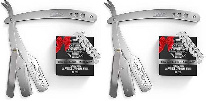 Straight Edge Barber Razor for Close Shaving - Professional Straight Blade Razor for Men with 100 Single Edge Blades- Mens Straight Razor Kit (Pack of 2)