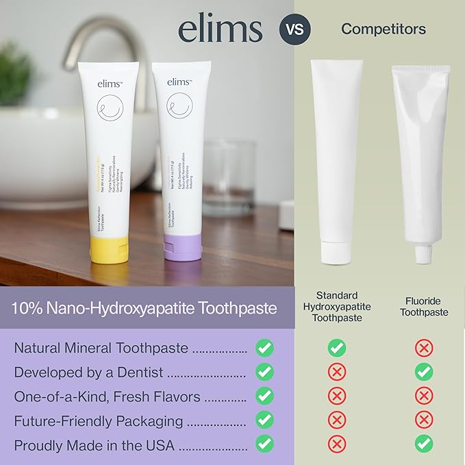 Elims 10% Nano-Hydroxyapatite Toothpaste – Fluoride-Free, Xylitol Remineralizing, Whitening Toothpaste for Sensitive Teeth, SLS-Free, Lavender Vanilla Mint Favlor for Adults & Kids, 4oz
