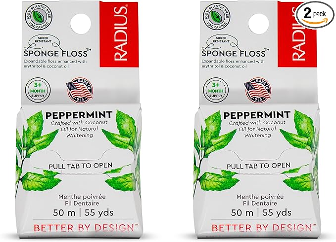 Radius Peppermint Dental Floss 55 Yards Vegan and Non-Toxic Oral Care Boost Total Tooth & Gum Protection Clear - Pack of 2