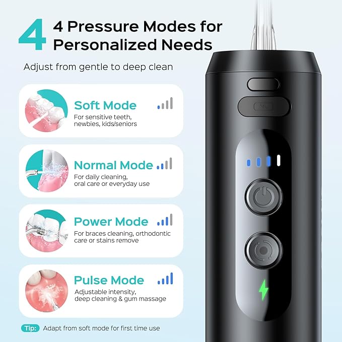COSLUS T40 Mini Water Flosser for Travel: Portable Compact Design, Cordless Oral Irrigator with 4 Modes, Removable Tank, IPX7 Waterproof for Braces, Orthodontic, Sensitive Teeth On-The-Go Use, Black