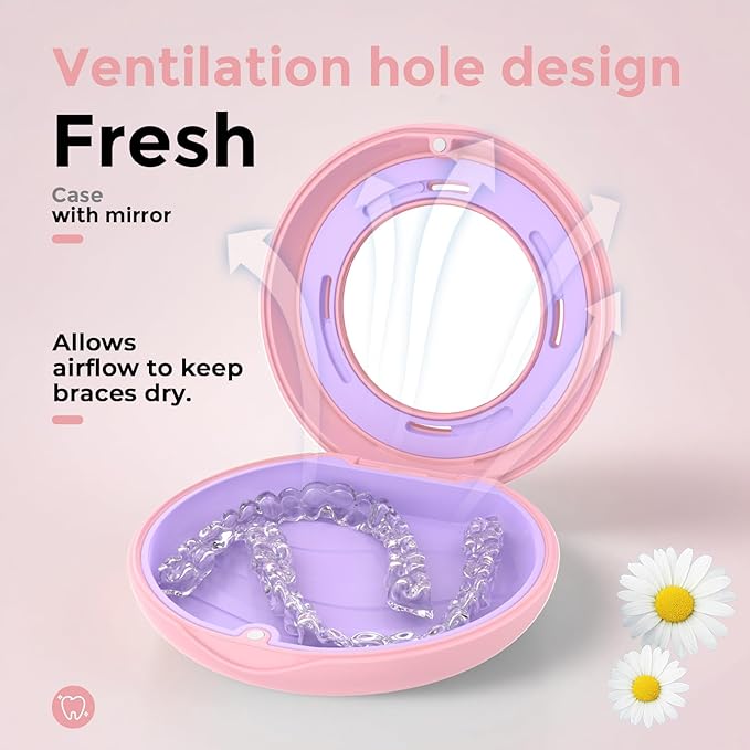 HEMILAB® Retainer Case, Slim Aligner Case with Mirror, Compatible with Invisalign, Cute Retainer Orthodontic Box with Vent Holes, Pink