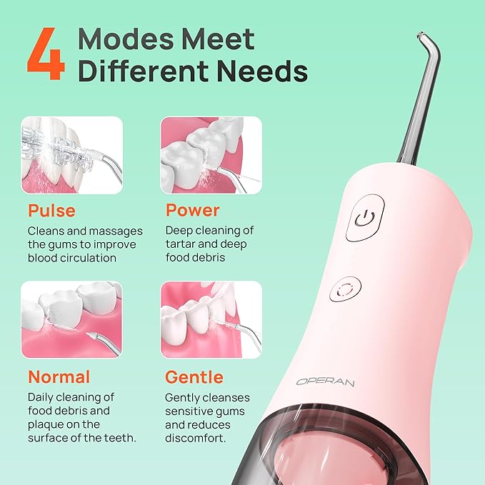 Operan 300ml Cordless Water Dental Flosser, Portable Water Flossers for Teeth, 4 Pulse Modes IPX7 Waterproof Oral Irrigator with 4 Tips, 21 Days Runtime for Travel, Home, Braces, Gum Care, Pink+1Pack