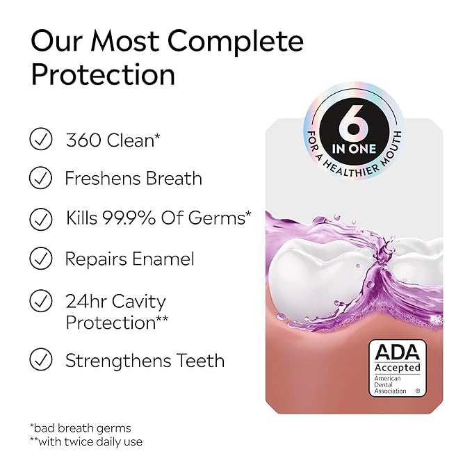 Listerine Total Care Intense Anticavity Fluoride Mouthwash, 6 Benefits in 1 Oral Rinse Helps Kill 99% of Bad Breath Germs, Prevents Cavities, Provides 360 Clean*, ADA-Accepted, Intense Mint, 250 mL