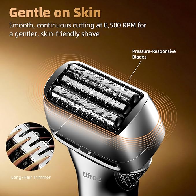 Ufree Foil Shaver with Pop-Up Trimmer, 8,500 RPM Electric Razor for Men, Wet & Dry Electric Shaver with 2 Speed Modes, LED Display, Rechargeable Cordless, IPX7 Waterproof, Silver