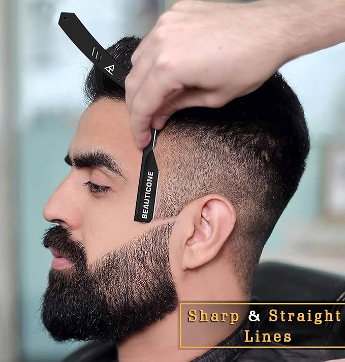 BEAUTICONE Straight Razors for Men, Straight Edge Razor, 100 Single Edge Blades, Stainless Steel, Barber Razor for Men's Shaving, Barber Shaving Knife, Slide-Out