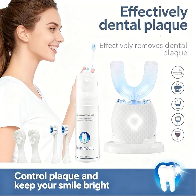 U-Shaped Toothbrush for Adults, All-in-One Foam Mousse & Ultrasonic Clean, Hands-Free with 4 Brush Heads, Blue LED Light, Advanced Charging Base (White)
