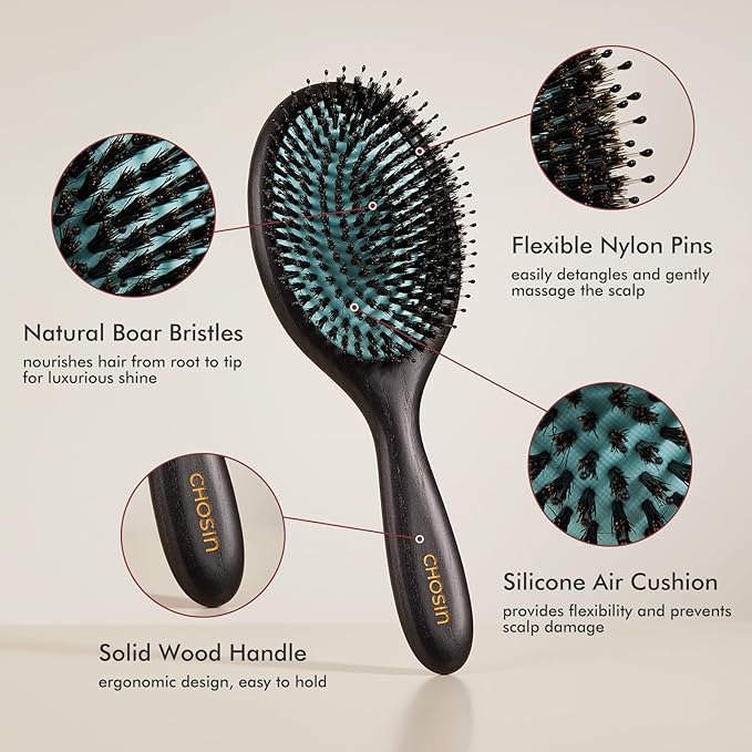 CHOSIN Boar Bristle Hair Brush: Paddle Brush with Wooden Handle for Men Women - Natural Bristles Brush Detangler Thick Hair, Reduces Frizz & Breakage for Christmas Gift (Green)