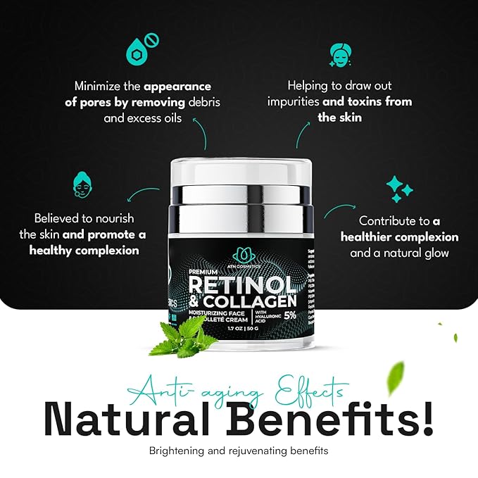 Retinol Cream for Face & Neck, Collagen Moisturizer, Day & Night Cream for Women & Men, Anti Aging, Wrinkle Cream with Hyaluronic Acid, Made in USA