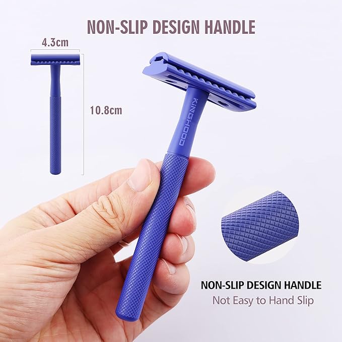 Kinghood Double Edge Safety Razor, Single Blade Razors with 10 Stainless Steel Blades, Reusable Metal Shaving Razor for Women and Men - Dark Blue
