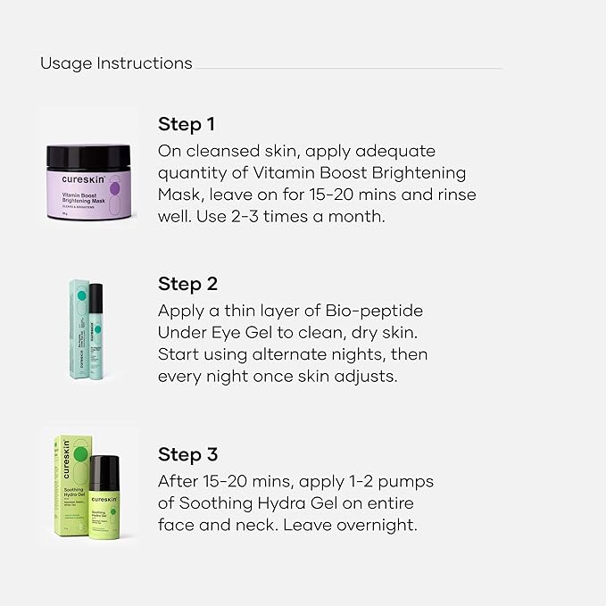 Cureskin 3-in-1 Skin Radiance Kit | Under Eye Gel + Vitamin Boost D-Tan Mask + Hydration Gel