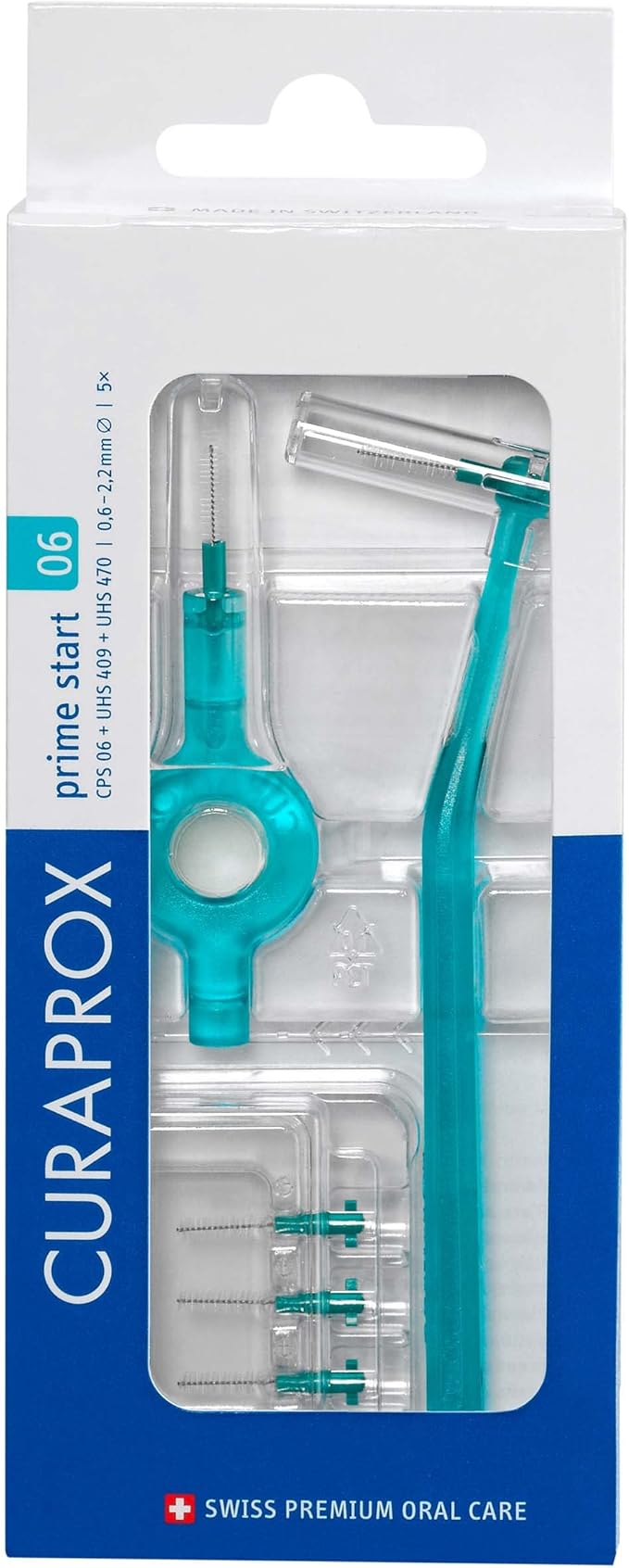 Curaprox CPS 06 Prime Start Interdental Brushes Set, 5 interdental Brushes CPS 06 Prime + 1 Holder UHS 409 + 1 Holder UHS 470, 0.6 mm to 2.2 mm, Turquoise