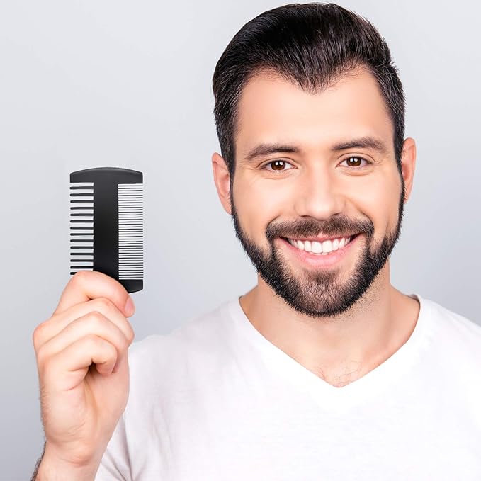 Sandalwood Beard Comb Set with Faux Leather Case - Dual Action Teeth for Mustaches and Beards (Black, 3 Combs + 3 Cases)