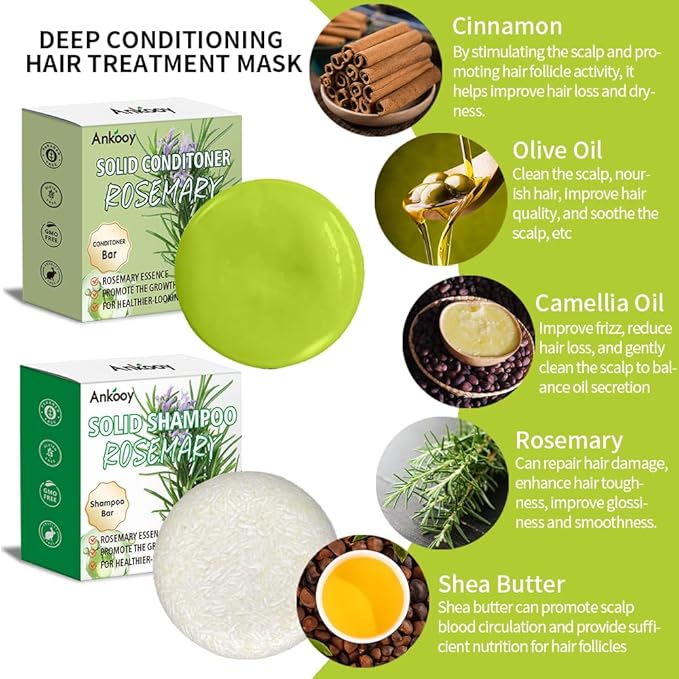 2 Pack Rosemary Oil Shampoo Bars and Conditioner Set,Bar Shampoo and Conditioner for Men and Women, Strengthens Hair, Thickens Strands, Controls Oil, Supports Scalp Health, Reduces Hair Loss