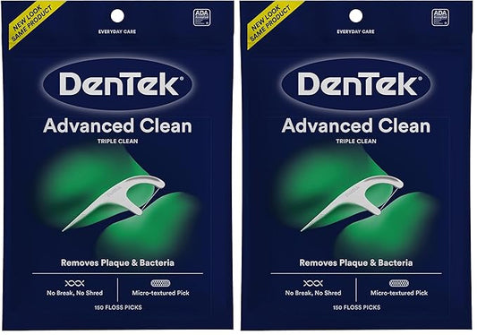 DenTek Advanced Clean Floss Picks with No Break & No Shred Dental Floss,Plaque Remover,150 Count (Pack of 2)
