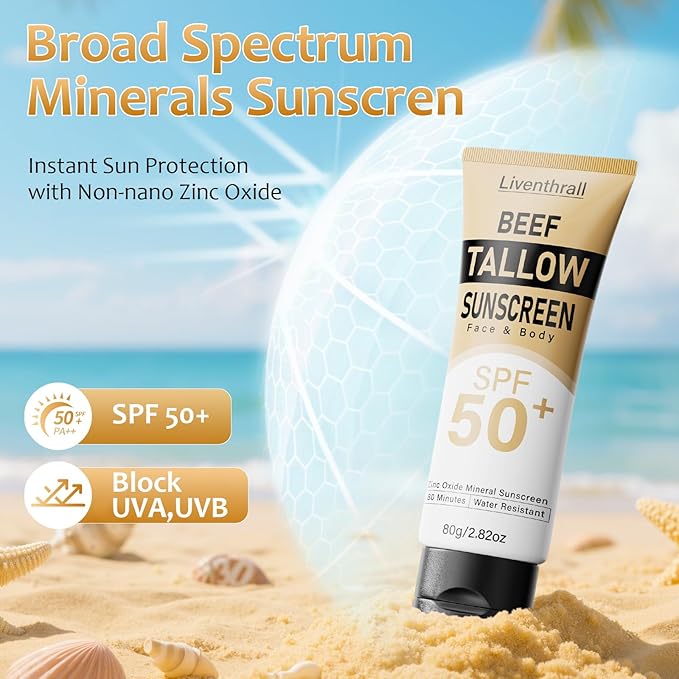 Mineral Sunscreen with Non-Toxic Zinc Oxide SPF 50, Organic Natural Beef Tallow Sunblock with Honey Beeswax, Non Greasy Formula for Face, Body and Skin