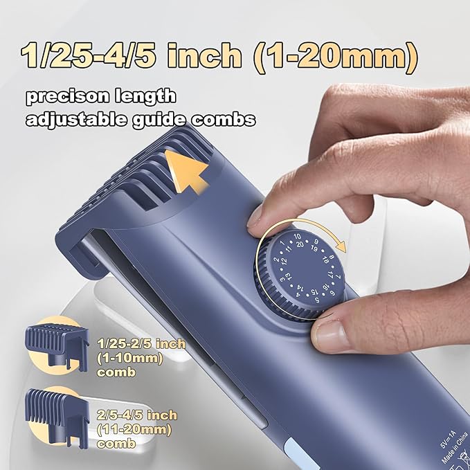 Beard Trimmer for men, Vacuum Mustache Trimmer with Type-C Charging, IPX7 Waterproof Electric Shaver Body Hair Trimmer for Men with LCD Display, Length Adjustable Blade Wheel (1/25"-4/5") (Blue)