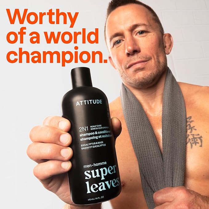 ATTITUDE Men's Shampoo and Conditioner 2-in-1, Scalp Care for Build Up & Oily Hair, 97% Natural Origin Ingredients, EWG Verified, Eucalyptus & Sage, 14 Fl Oz (Pack of 3)