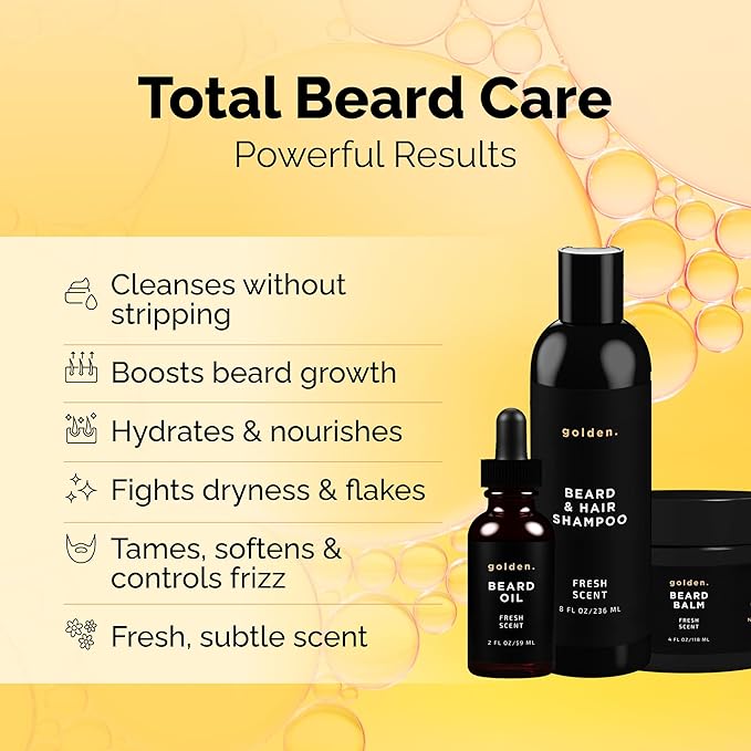 Golden Grooming Co. Everyday Beard Bundle – Complete Beard Care Set | Includes Beard Oil, Balm & Shampoo (XL, Fresh Scent)
