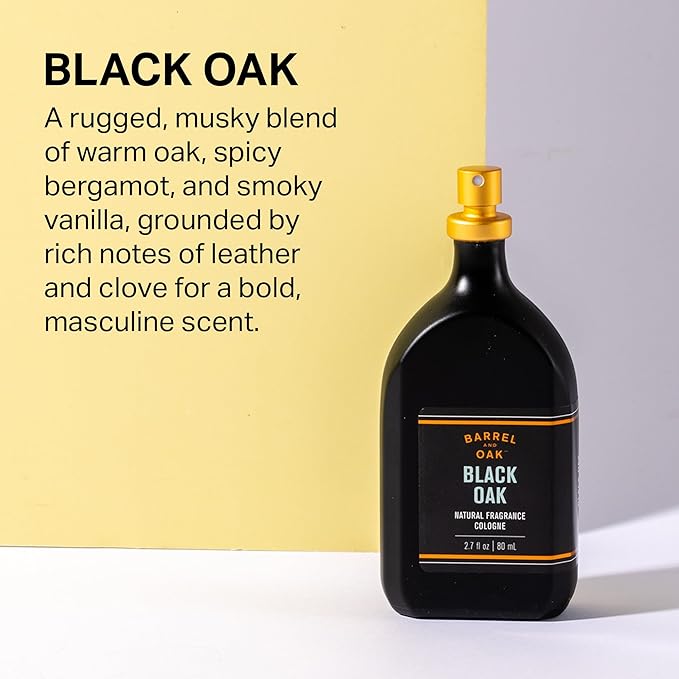 Barrel & Oak Cologne for Men, Natural Essential Oil-Based Men's Fragrances, Long-Lasting Men's Cologne for Day & Night, Paraben & SLS-Free, Gifts for Men, Black Oak, 2.7 oz