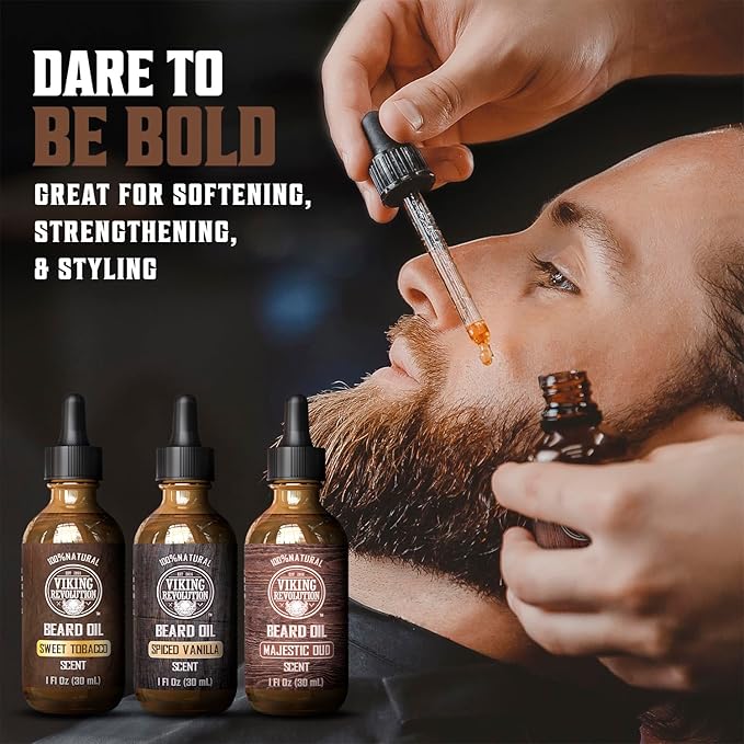 Viking Revolution Beard Oil for Men 3 Pack - Natural Mens Beard Oil Variety Set - Spiced Vanilla, Sweet Tobacco, Majestic Oud - Beard Conditioning and Moisturizing for a Healthy Beard (3 Pack, 1oz)