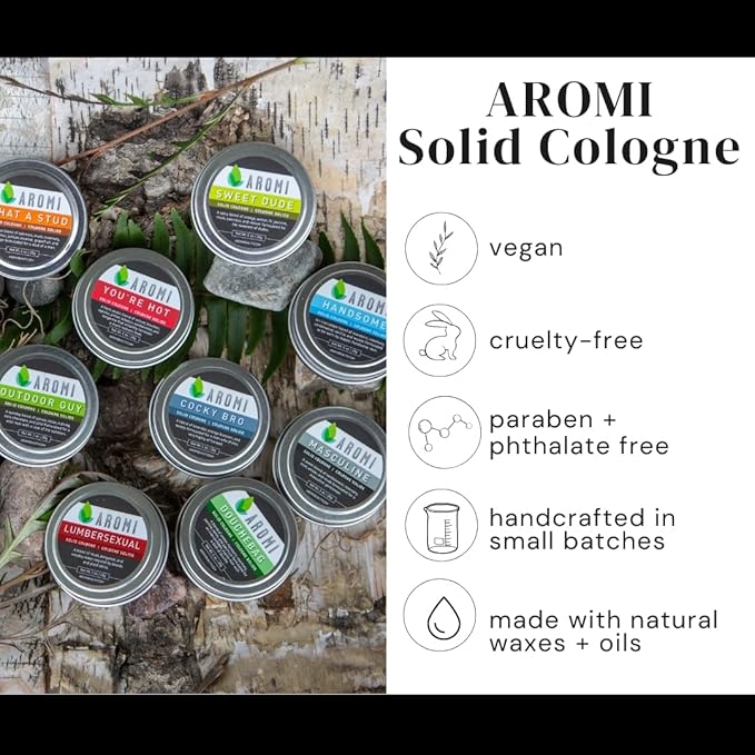 Aromi Solid Cologne for Men | Sandalwood, Musk, Woodsy Fragrance, Travel, Alcohol-Free, Wax-Based Scent, Vegan, Men's Gift, Stocking Stuffer (Very Manly)