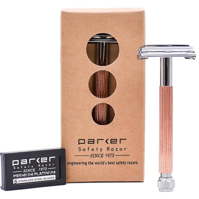 Parker 29L Rose Gold, Long Handle Butterfly Open Double Edge Safety Razor for Men & Women, 5 Parker Premium Platinum Double Edge Razor Blades Included