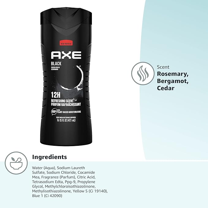 AXE Body Wash 12h Refreshing Scent Cleanser Black Frozen Pear and Cedarwood Men's Body Wash with 100 percent Plant-Based Moisturizers 16 oz